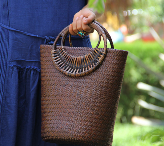 Women’s Rattan Straw Beach Bag with Round Handles