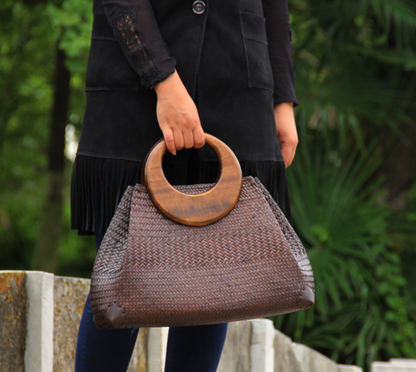 Women’s Woven Rattan Straw Handbag with Wooden Handle