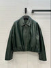 Women Green Leather Bomber Jacket Cropped Pleated