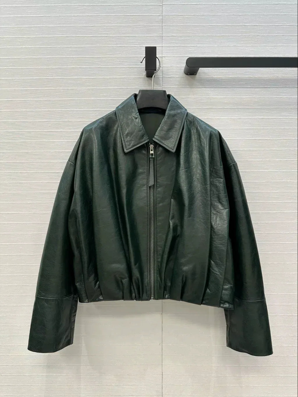 Women Green Leather Bomber Jacket Cropped Pleated