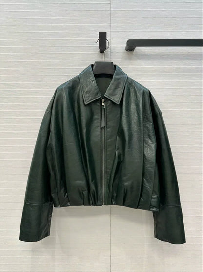 Women Green Leather Bomber Jacket Cropped Pleated