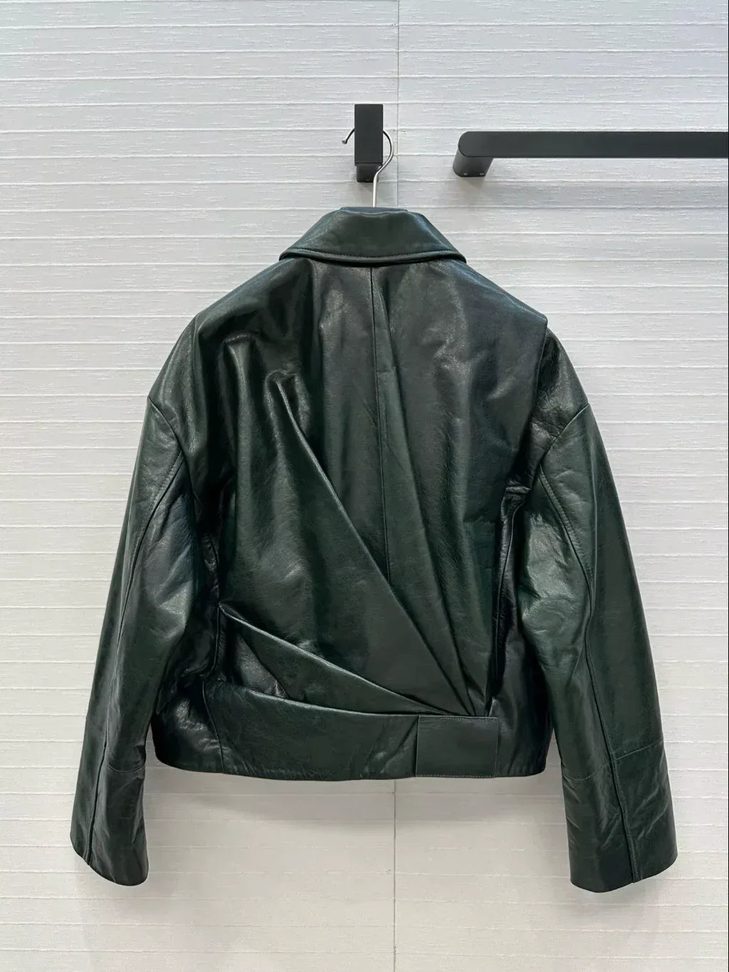 Women Green Leather Bomber Jacket Cropped Pleated