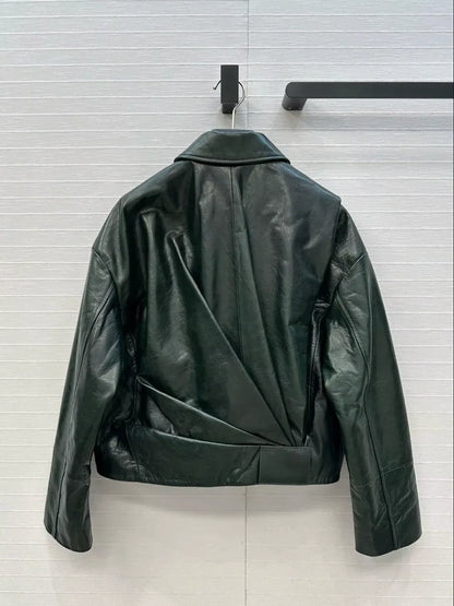 Women Green Leather Bomber Jacket Cropped Pleated