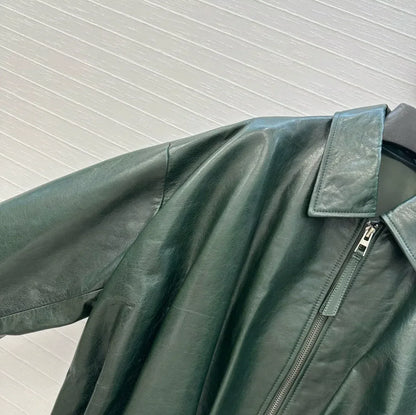 Women Green Leather Bomber Jacket Cropped Pleated
