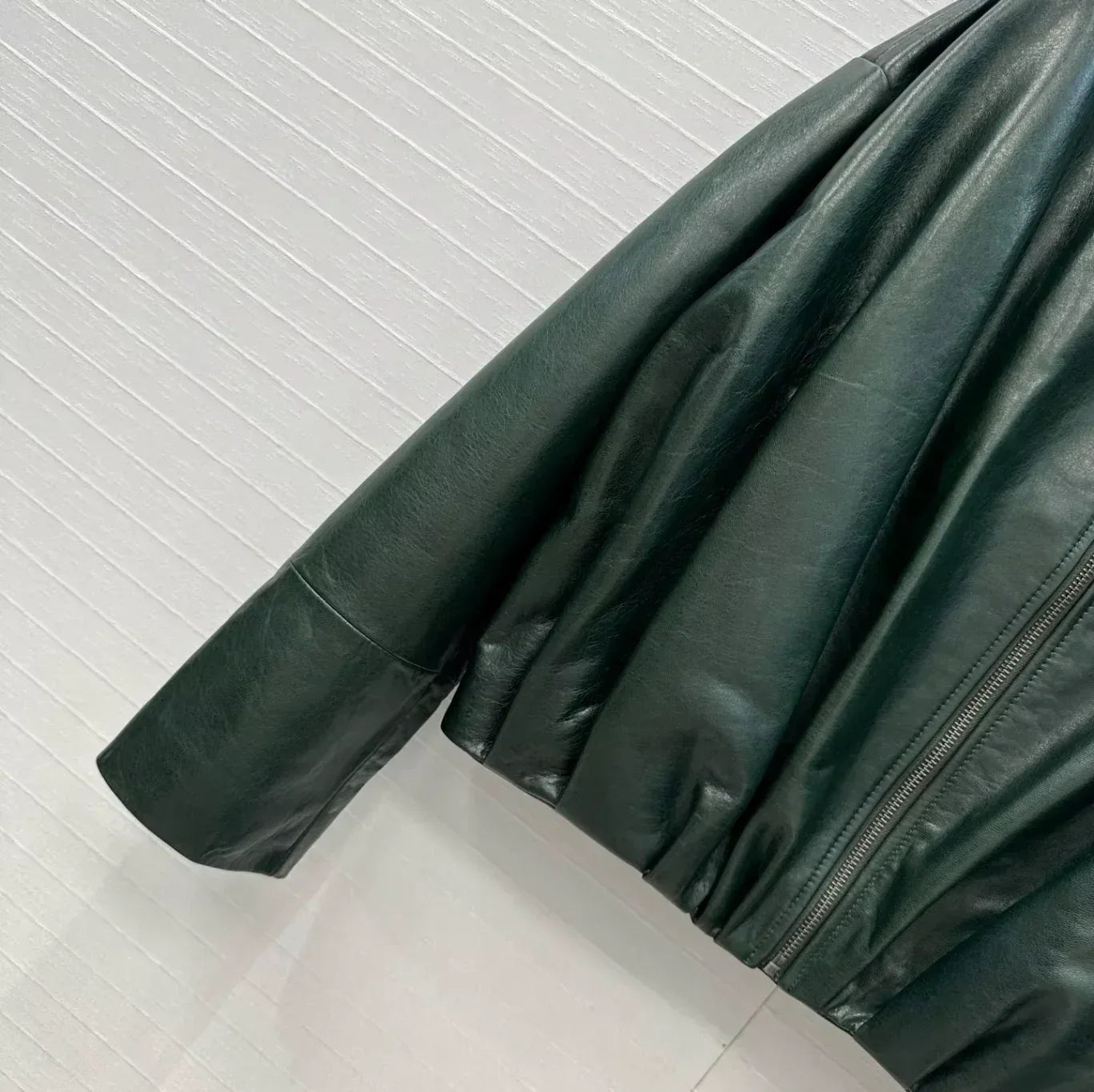 Women Green Leather Bomber Jacket Cropped Pleated