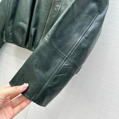 Women Green Leather Bomber Jacket Cropped Pleated