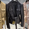 Women Leather Bomber Belted Jacket Black Moto Blazer for Women