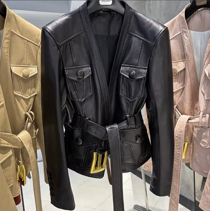 Women Leather Bomber Belted Jacket Black Moto Blazer for Women