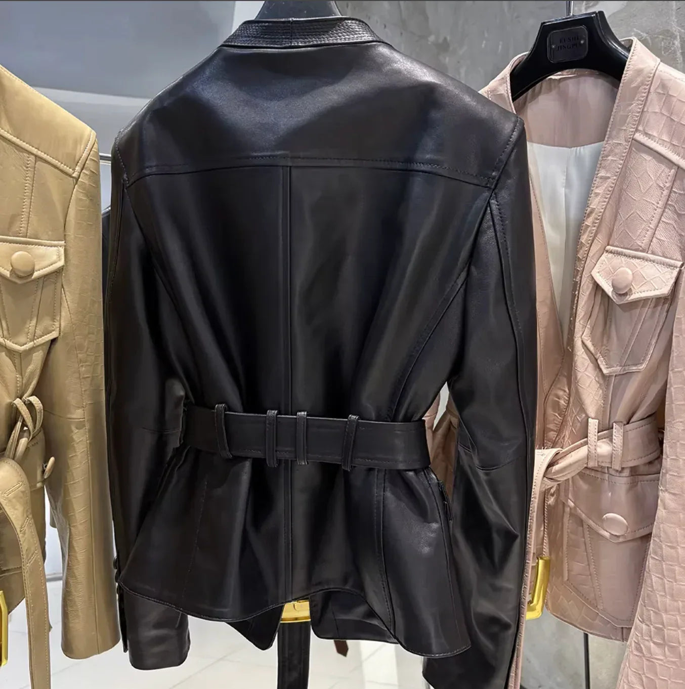 Women Leather Bomber Belted Jacket Black Moto Blazer for Women