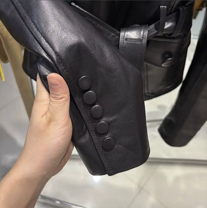 Women Leather Bomber Belted Jacket Black Moto Blazer for Women