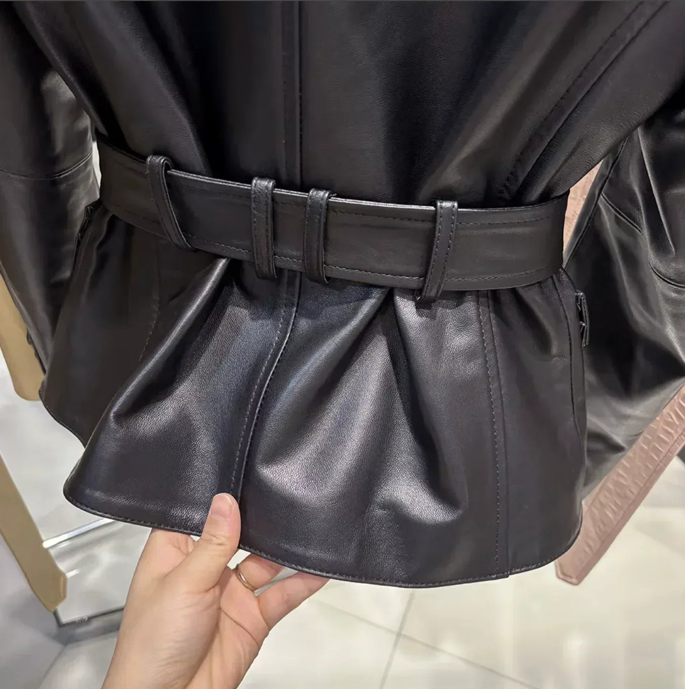 Women Leather Bomber Belted Jacket Black Moto Blazer for Women