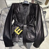 Women Leather Bomber Belted Jacket Black Moto Blazer for Women