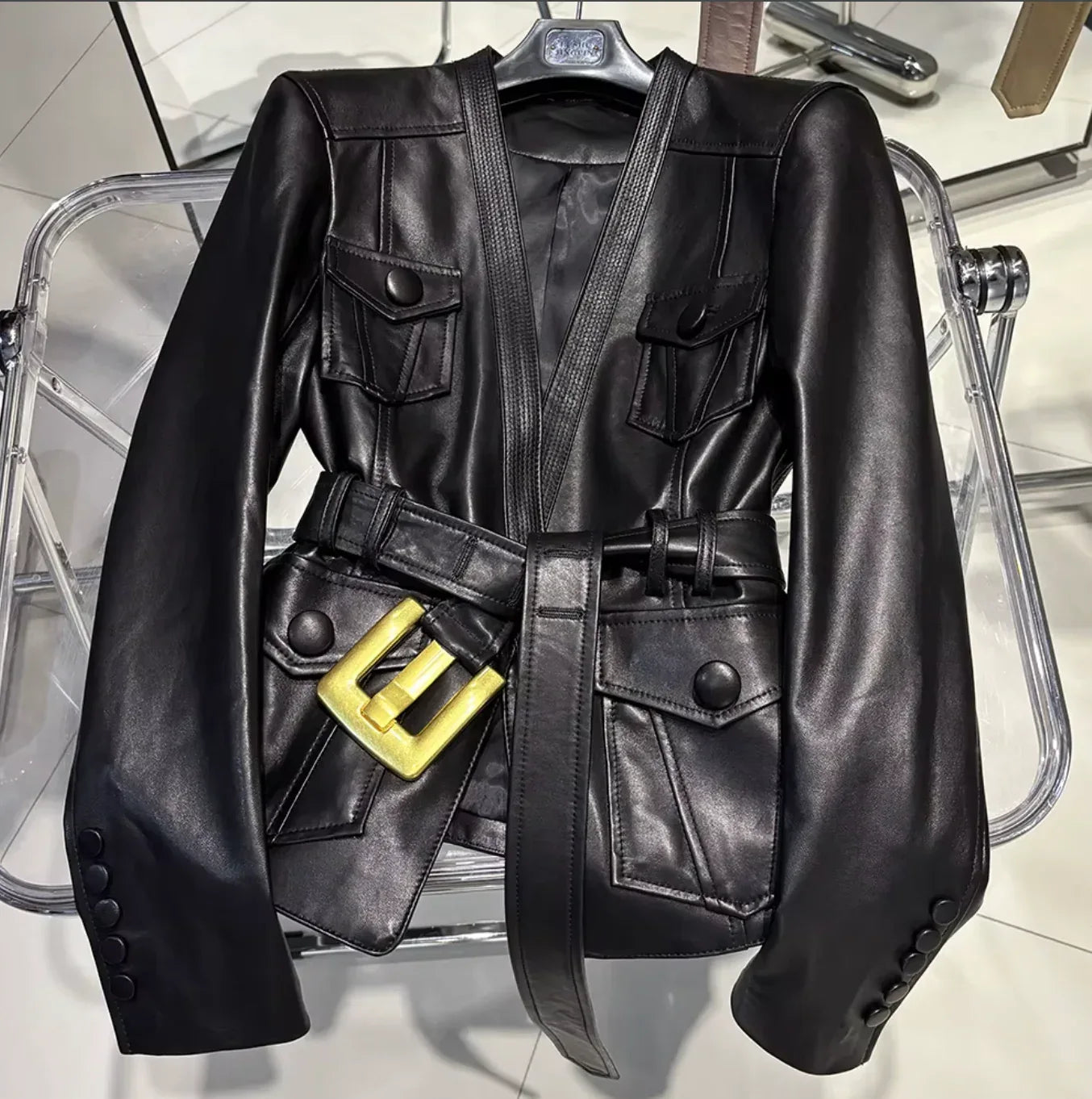 Women Leather Bomber Belted Jacket Black Moto Blazer for Women