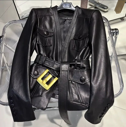 Women Leather Bomber Belted Jacket Black Moto Blazer for Women