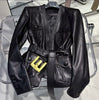 Women Leather Bomber Belted Jacket Black Moto Blazer for Women