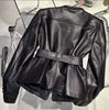 Women Leather Bomber Belted Jacket Black Moto Blazer for Women