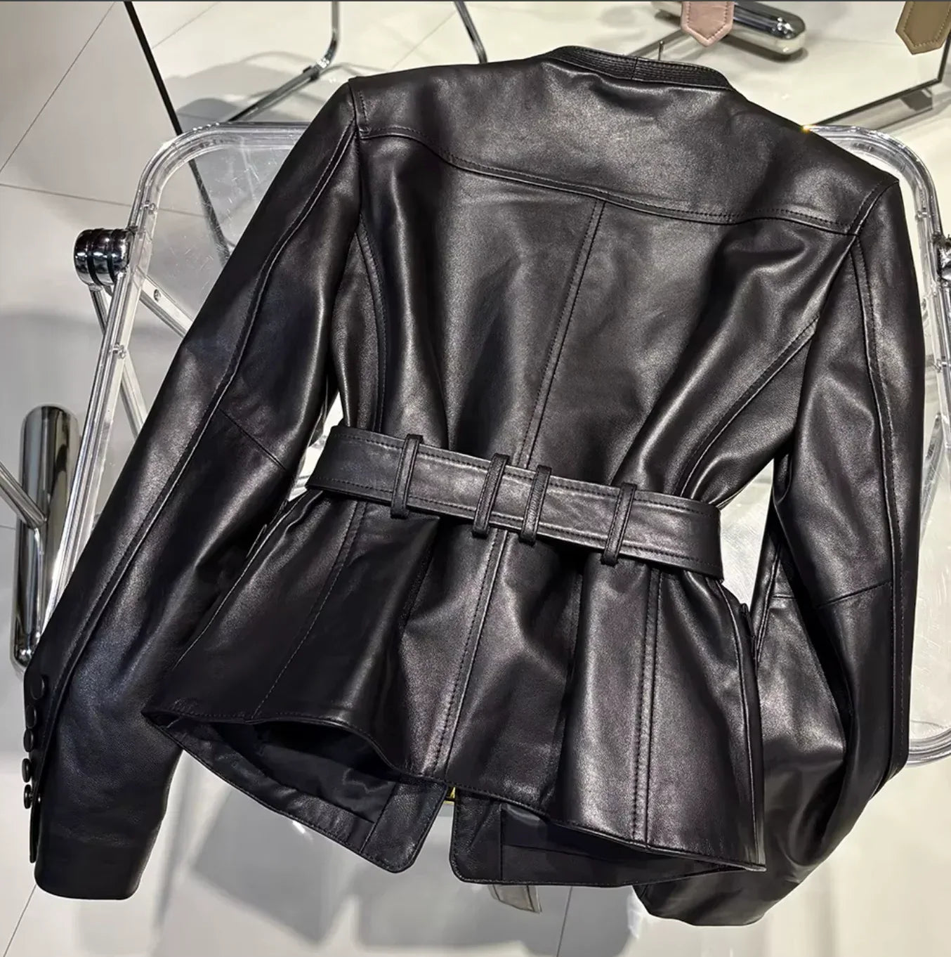 Women Leather Bomber Belted Jacket Black Moto Blazer for Women