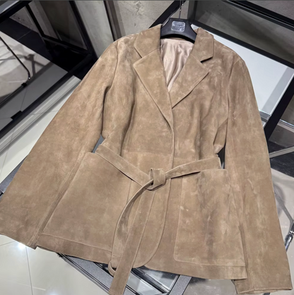 Women Genuine Suede Belted Trench Coat with Front Pockets