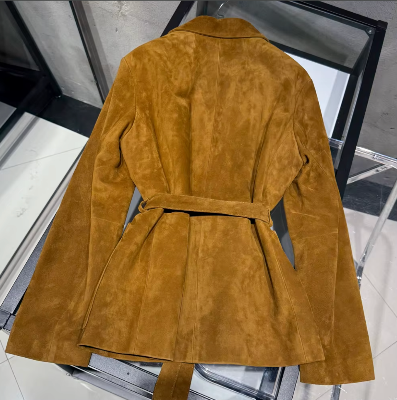 Women Genuine Suede Belted Trench Coat with Front Pockets