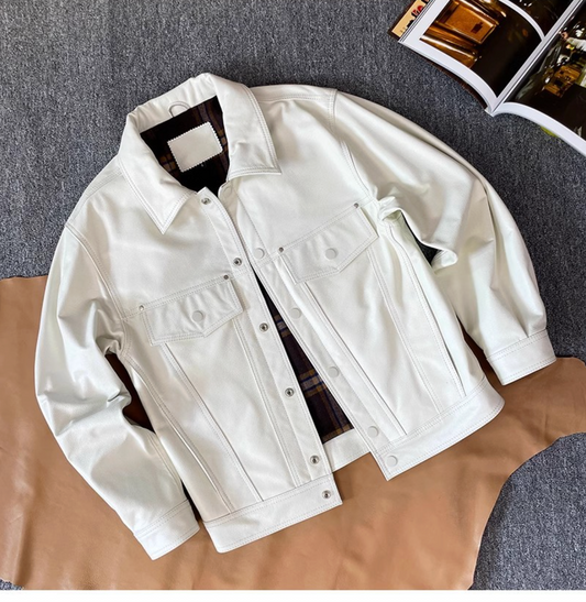 White Genuine Leather Causal Jacket for Men Retro Lapel