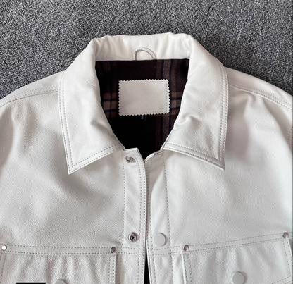 White Genuine Leather Causal Jacket for Men Retro Lapel