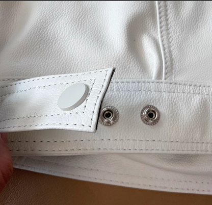 White Genuine Leather Causal Jacket for Men Retro Lapel