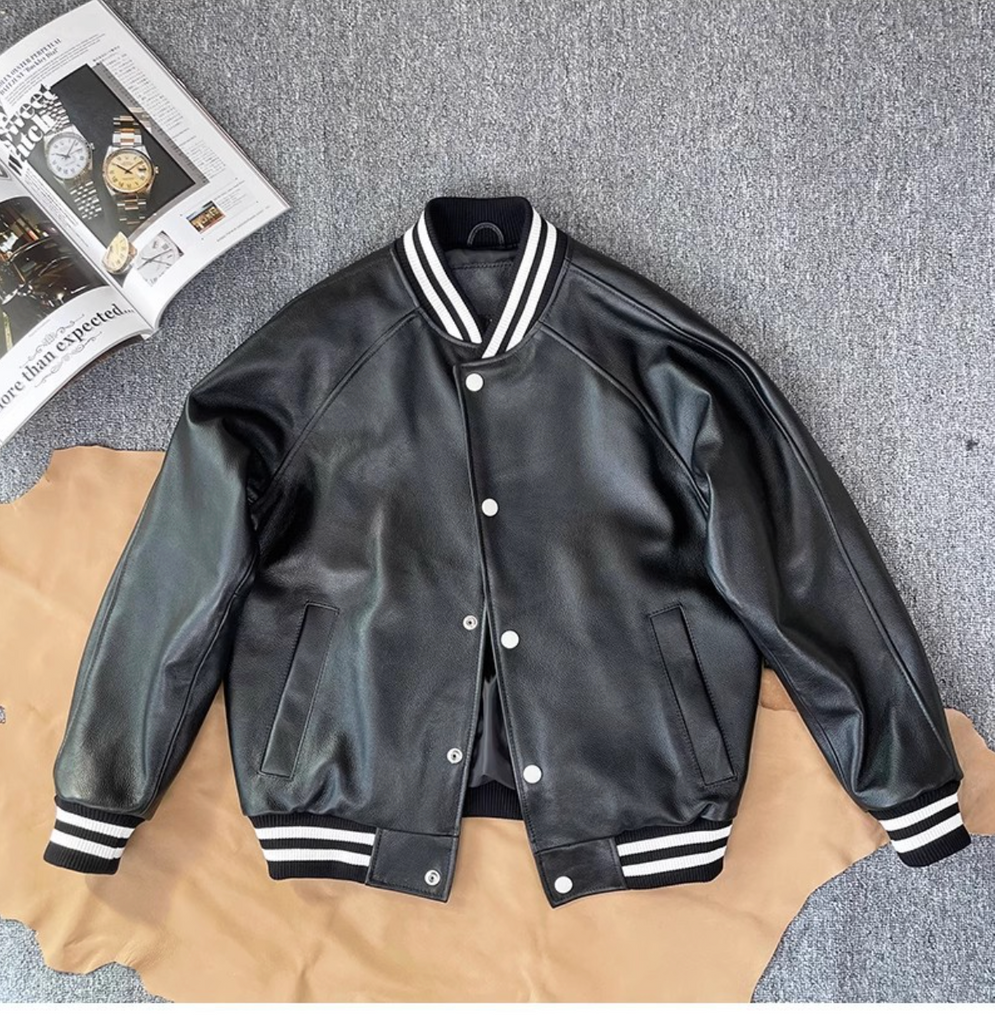 Men Genuine Leather Baseball Jacket Varsity Short Coat