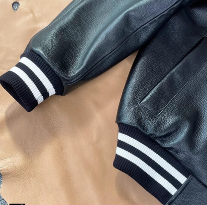 Men Genuine Leather Baseball Jacket Varsity Short Coat