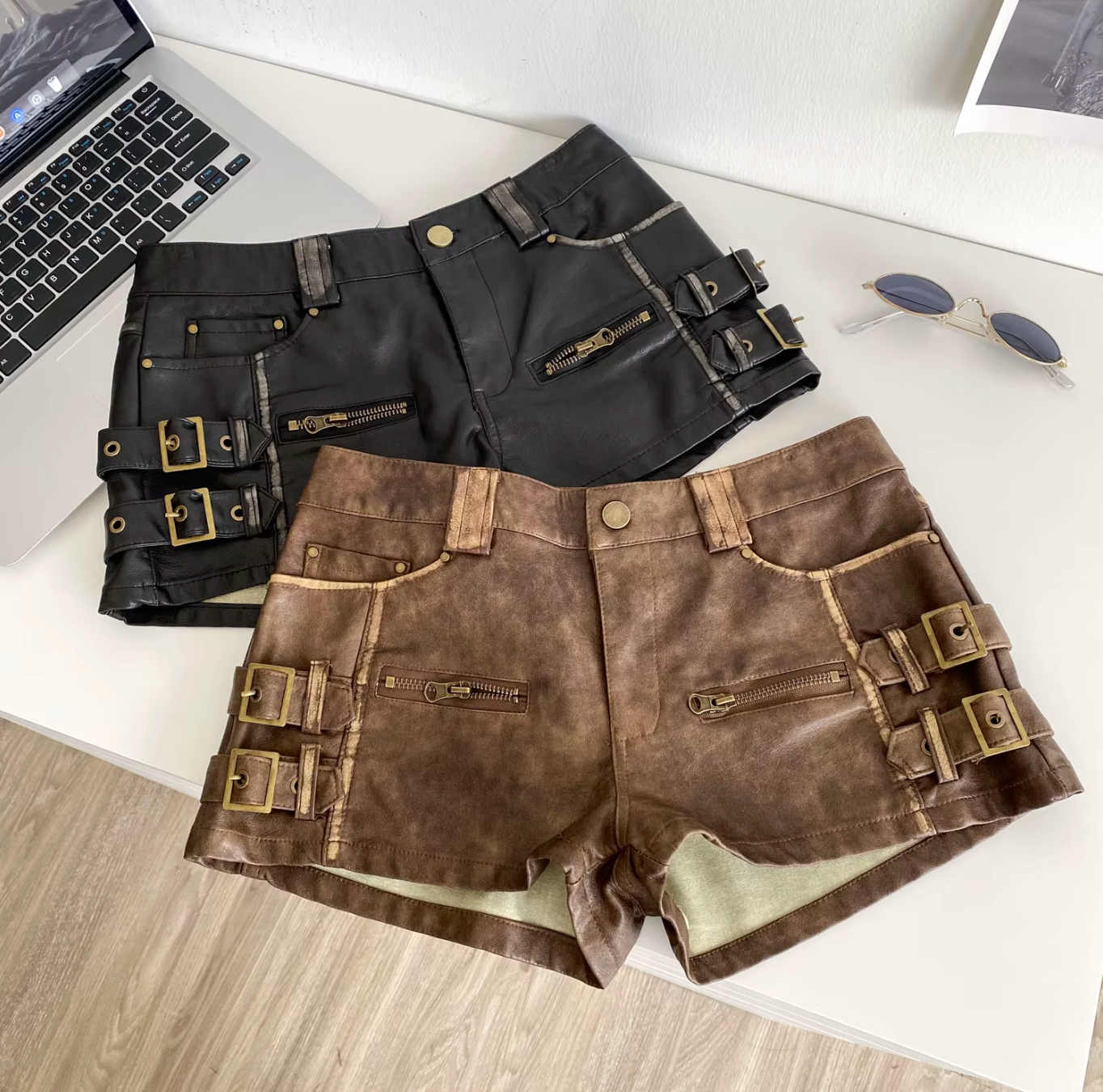 Women High Waist PU Leather Shorts with Buckle