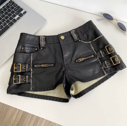 Women High Waist PU Leather Shorts with Buckle