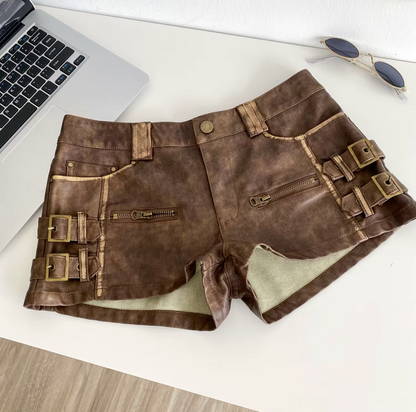 Women High Waist PU Leather Shorts with Buckle