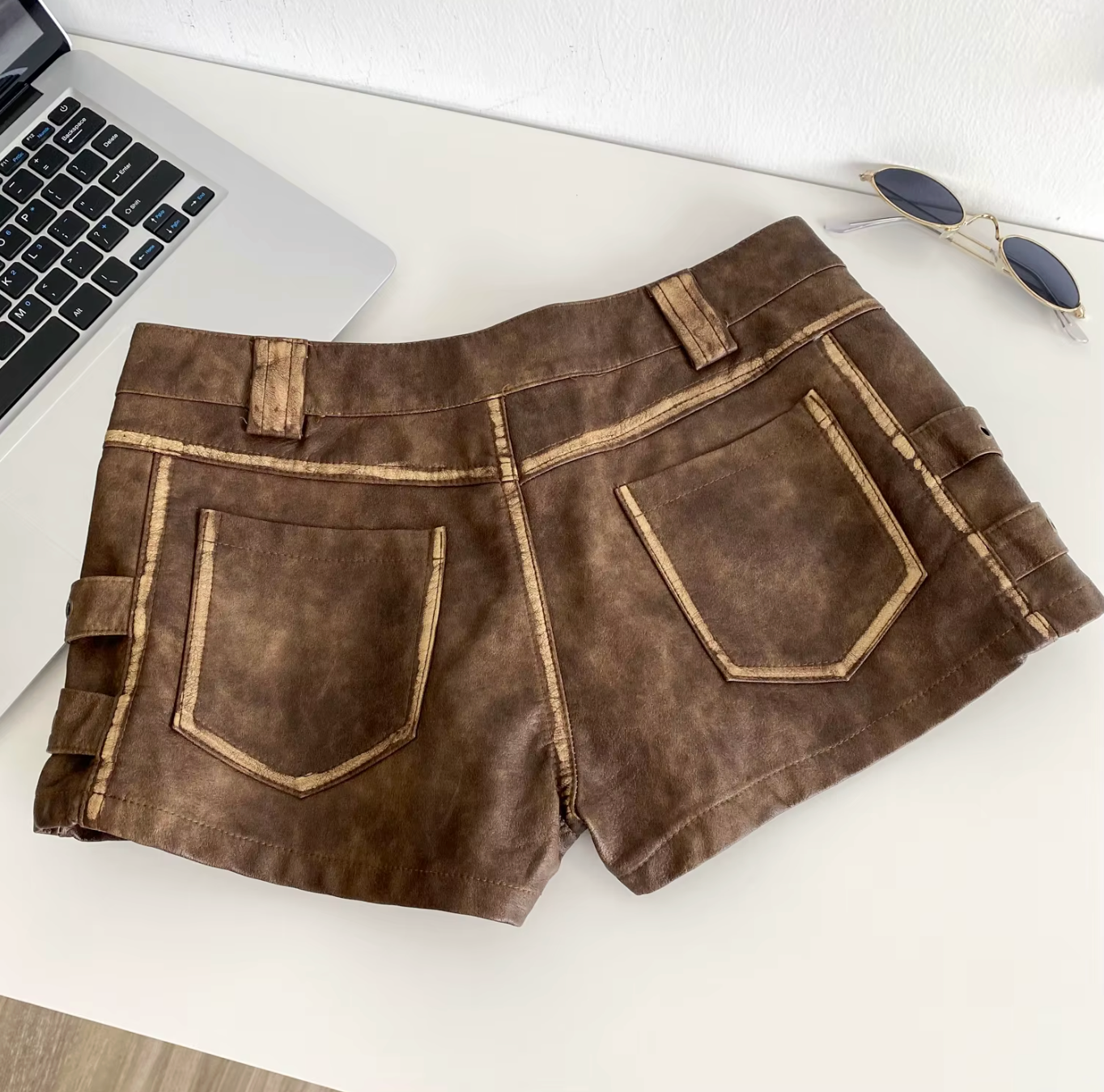 Women High Waist PU Leather Shorts with Buckle