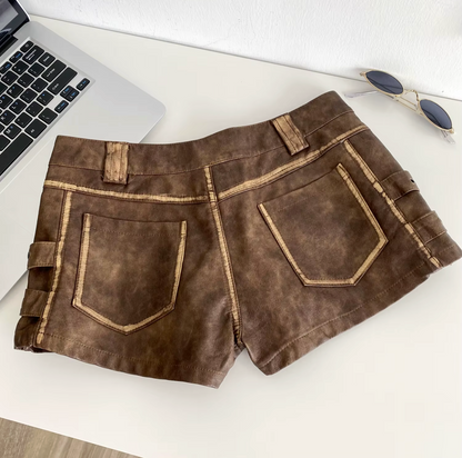 Women High Waist PU Leather Shorts with Buckle
