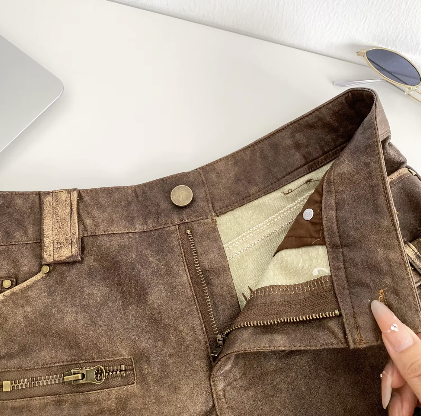 Women High Waist PU Leather Shorts with Buckle