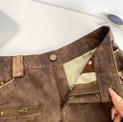 Women High Waist PU Leather Shorts with Buckle