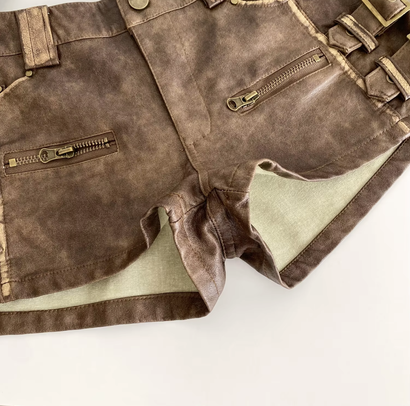 Women High Waist PU Leather Shorts with Buckle