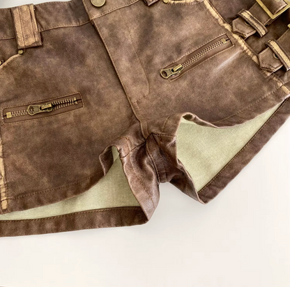 Women High Waist PU Leather Shorts with Buckle