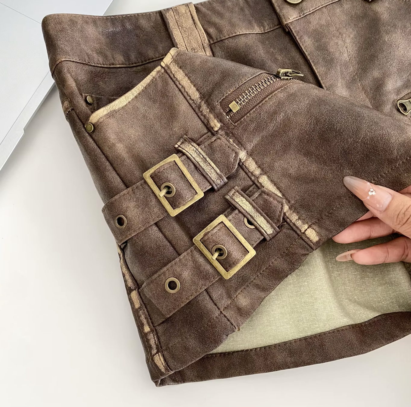 Women High Waist PU Leather Shorts with Buckle