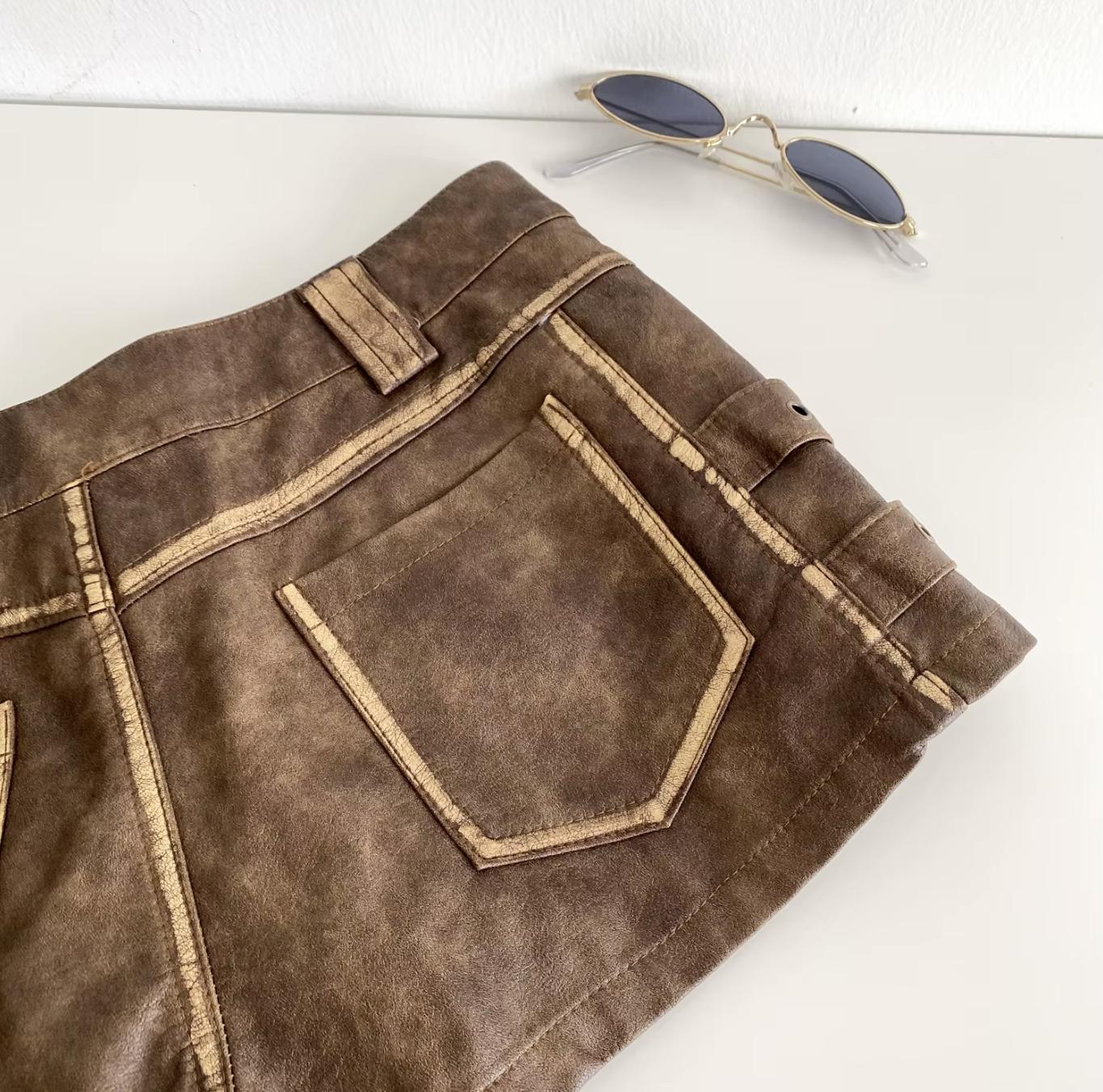 Women High Waist PU Leather Shorts with Buckle