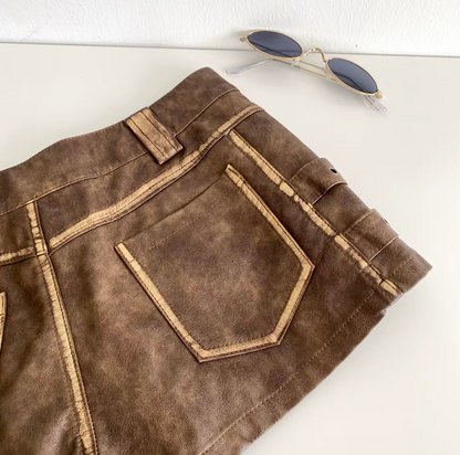 Women High Waist PU Leather Shorts with Buckle