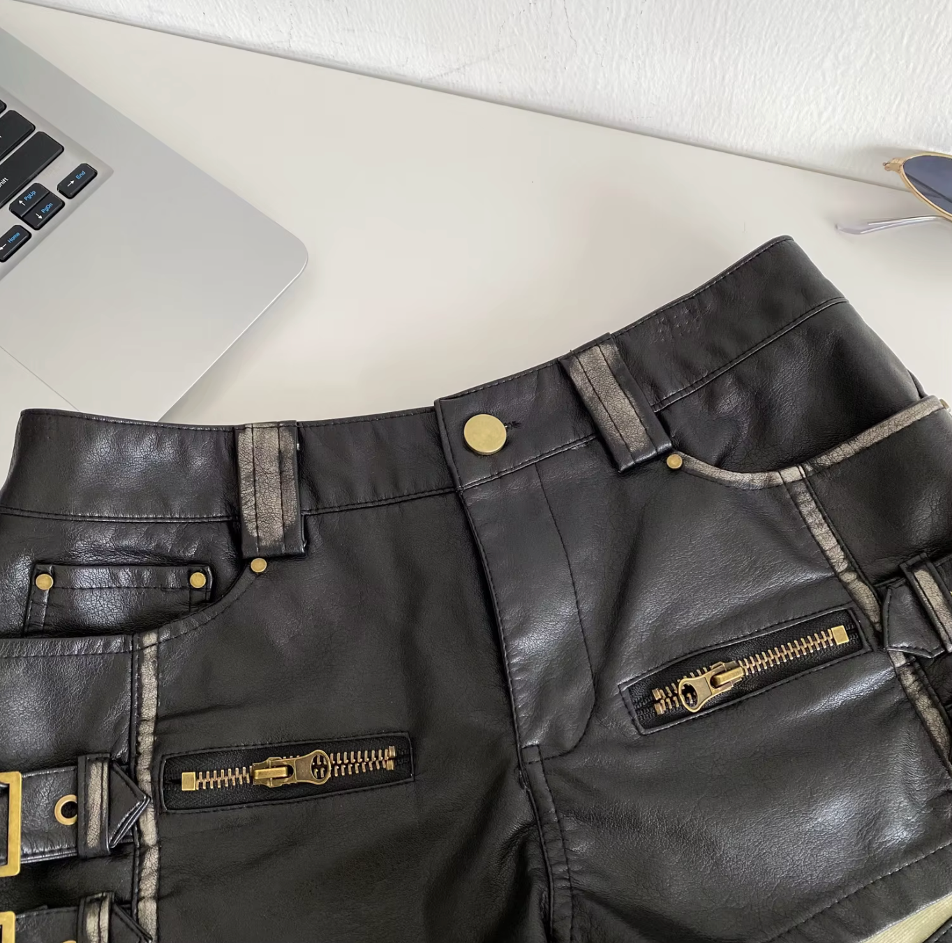 Women High Waist PU Leather Shorts with Buckle