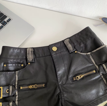 Women High Waist PU Leather Shorts with Buckle