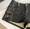 Women High Waist PU Leather Shorts with Buckle