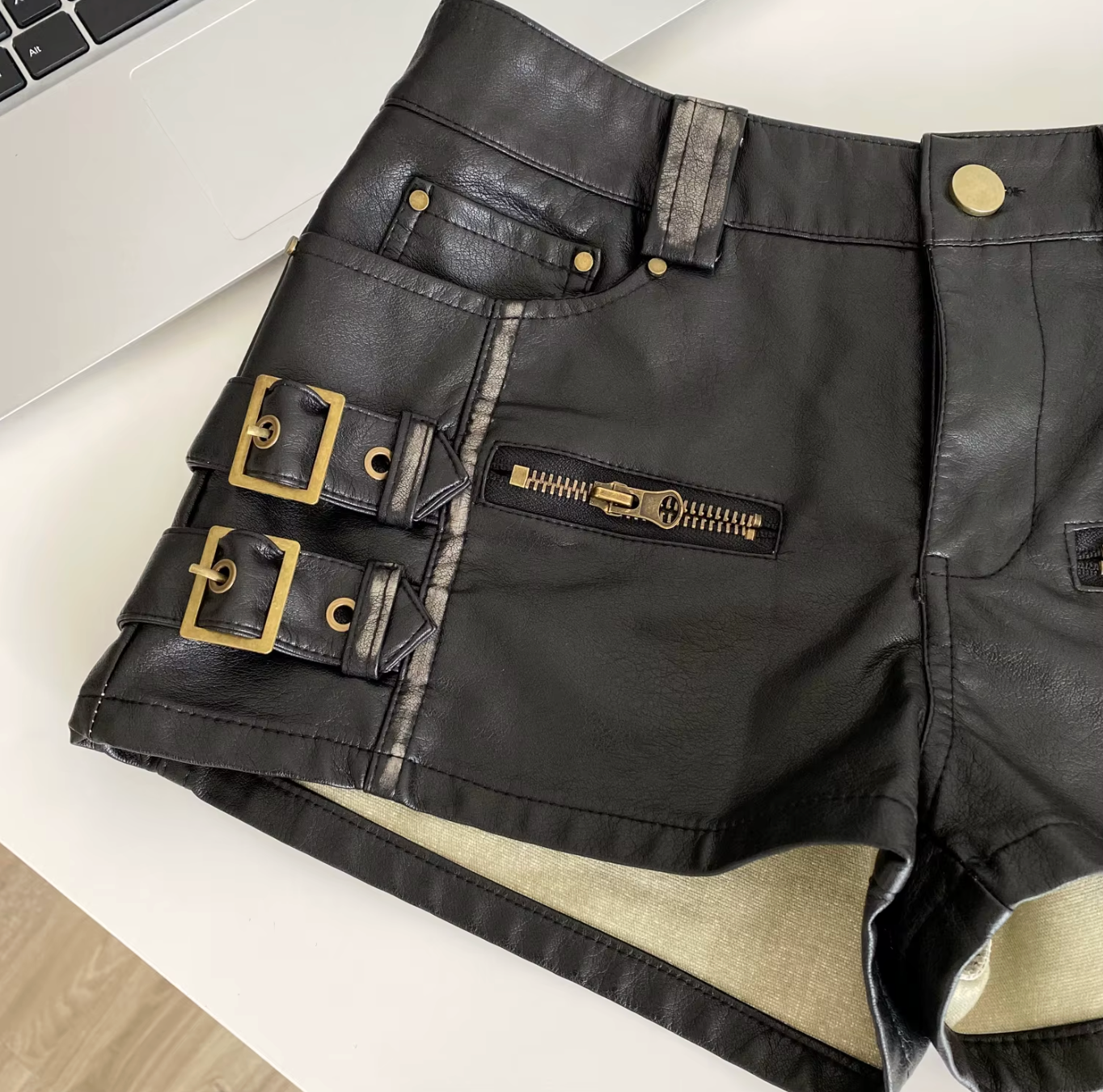 Women High Waist PU Leather Shorts with Buckle