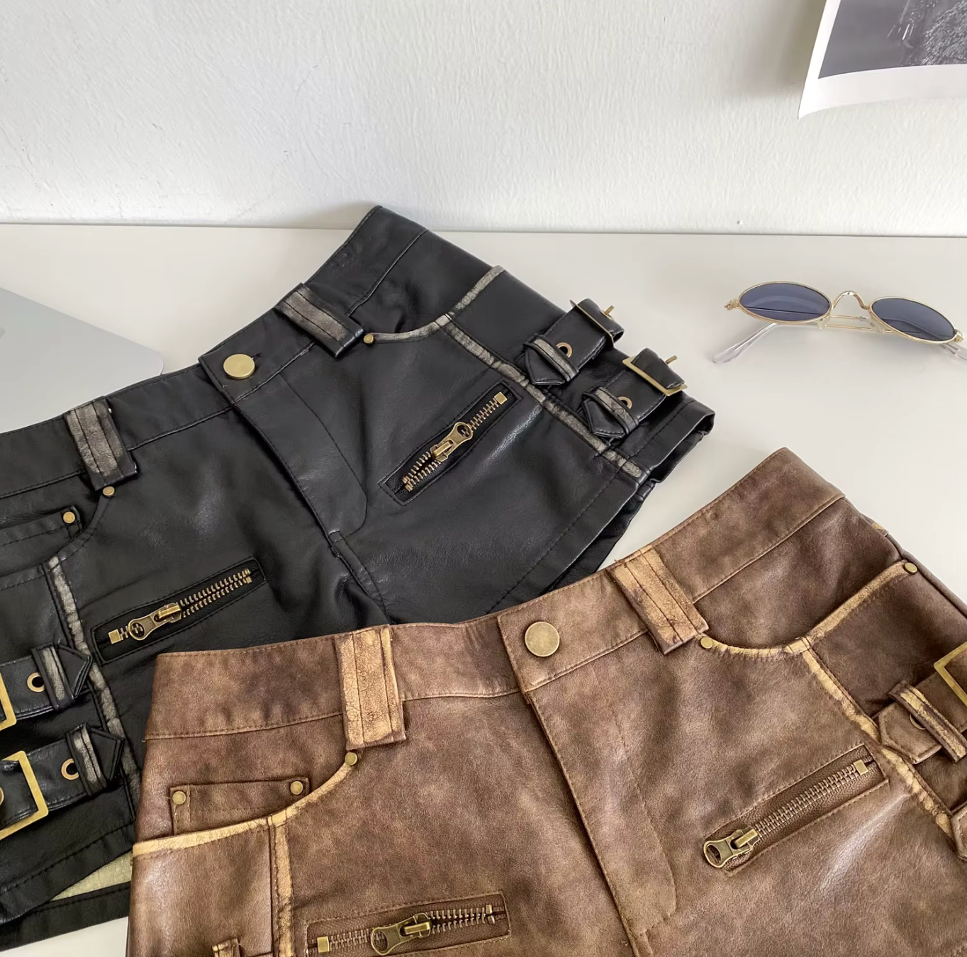 Women High Waist PU Leather Shorts with Buckle