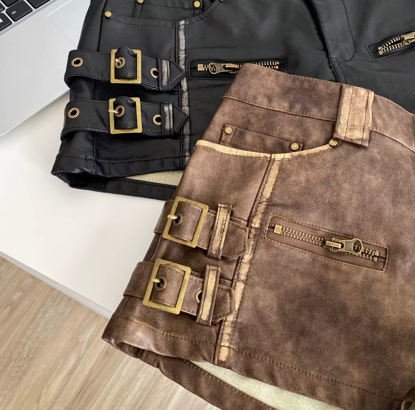 Women High Waist PU Leather Shorts with Buckle