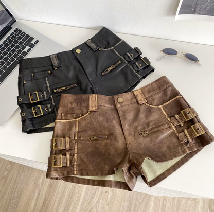 Women High Waist PU Leather Shorts with Buckle