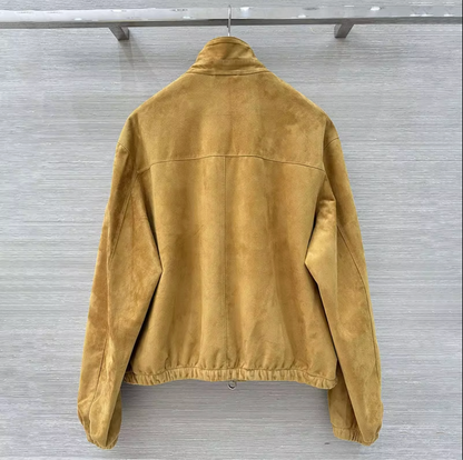 Women Beige Suede Bomber Jacket Real Suede Zip-Up Coat