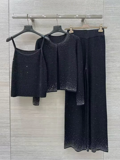 Women Gold Thread Plaid Rhinestone Knit Three Piece Set