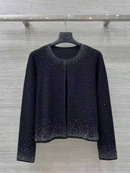 Women Gold Thread Plaid Rhinestone Knit Three Piece Set